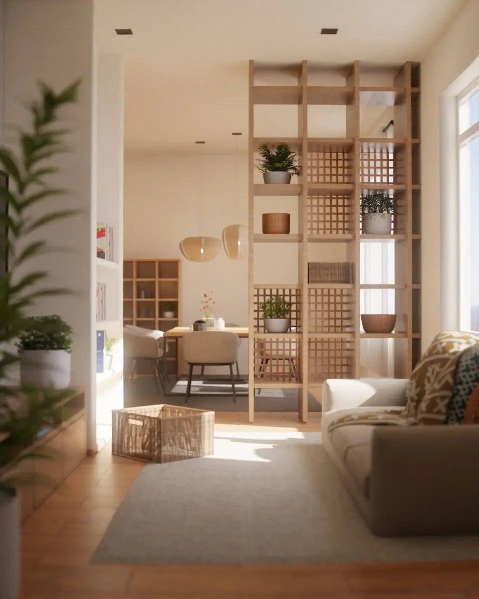Modern living room with natural light and wooden accents