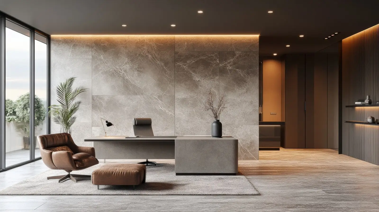 A room with a chair and a desk in it